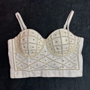 Elegant Pearl Embellished White Top 38C